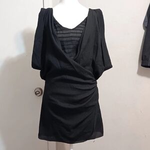 Leon Max 100% Silk Women Black Mini Dress SzS Cowlneck Wrap Front